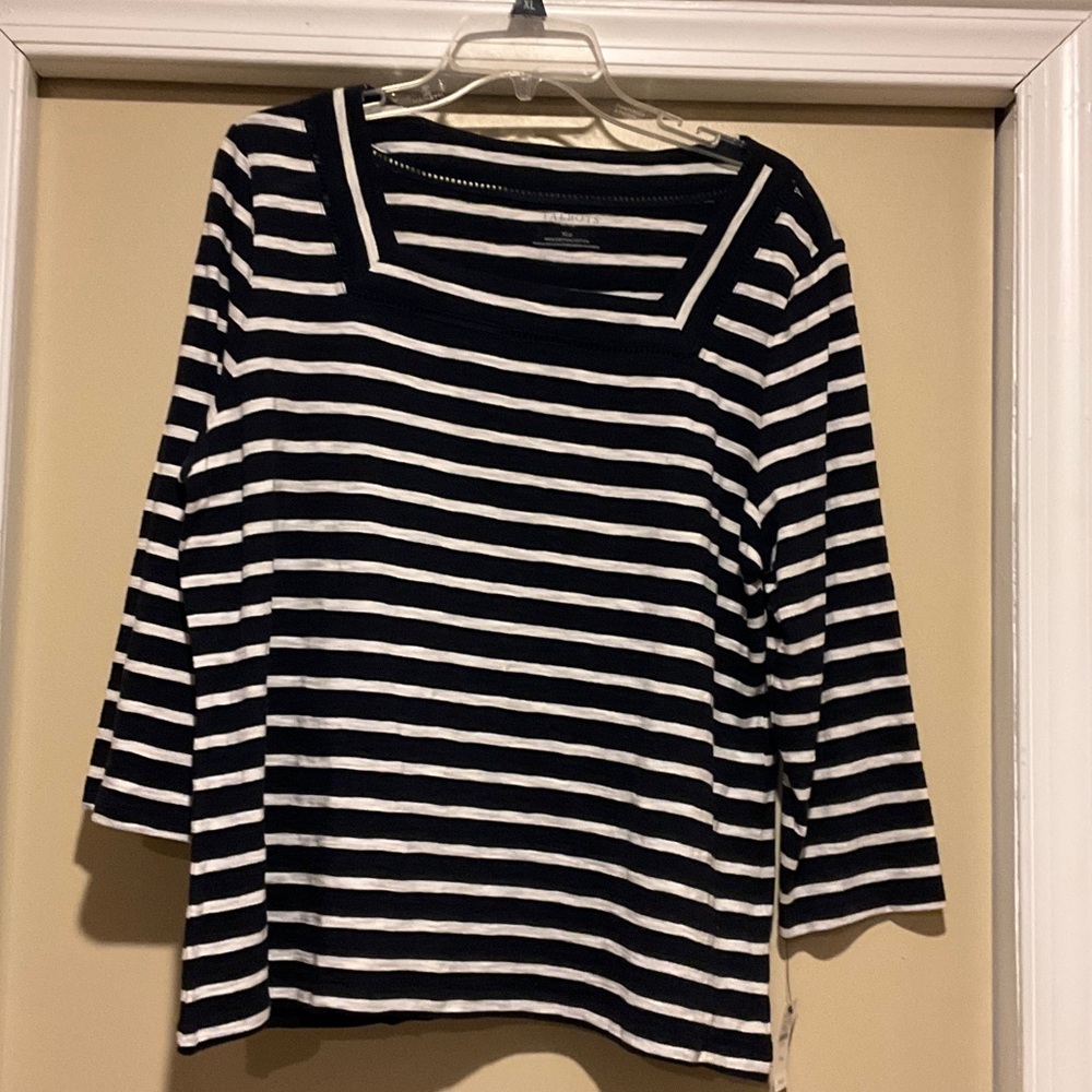 NWT Talbots Petite XL Navy & White Striped Cotton 3/4 sleeves square neck top